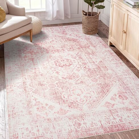 3x5 Washable Pink Area Rug, Upgraded Denser Surface Vintage Rugs, Honeycomb Non-Slip Backing Living Room Rug, Easy Care Foldable Rugs for Living Room Bedroom Kitchen Dinning Room Home Office in Saudi Arabia