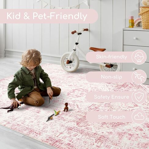 3x5 Washable Pink Area Rug, Upgraded Denser Surface Vintage Rugs, Honeycomb Non-Slip Backing Living Room Rug, Easy Care Foldable Rugs for Living Room Bedroom Kitchen Dinning Room Home Office in Saudi Arabia