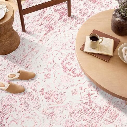 3x5 Washable Pink Area Rug, Upgraded Denser Surface Vintage Rugs, Honeycomb Non-Slip Backing Living Room Rug, Easy Care Foldable Rugs for Living Room Bedroom Kitchen Dinning Room Home Office in Saudi Arabia