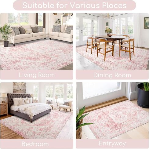 3x5 Washable Pink Area Rug, Upgraded Denser Surface Vintage Rugs, Honeycomb Non-Slip Backing Living Room Rug, Easy Care Foldable Rugs for Living Room Bedroom Kitchen Dinning Room Home Office in Saudi Arabia