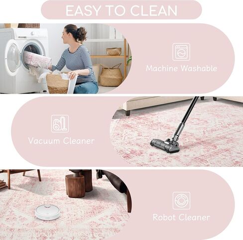 3x5 Washable Pink Area Rug, Upgraded Denser Surface Vintage Rugs, Honeycomb Non-Slip Backing Living Room Rug, Easy Care Foldable Rugs for Living Room Bedroom Kitchen Dinning Room Home Office in Saudi Arabia