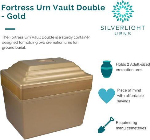 Fortress Urn Vault Double in Gold, Urn Vault for Two, Companion Urn Vault for Ground Burial, Holds Two Adult Cremation Urns for Human Ashes, Durable Cremation Urn Vault for Cemetery Burial in Kuwait