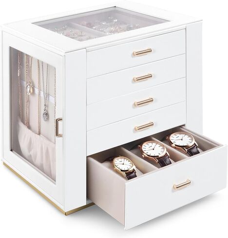 Large Jewelry Box Organizer with Glass Lid, Functional PU Leather 5-Layer Jewelry Storage Case for Women Girls Ring Necklace Earring Bracelet Jewelry Holder Organizer 5 Drawers (White) in Saudi Arabia