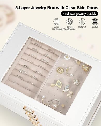 Large Jewelry Box Organizer with Glass Lid, Functional PU Leather 5-Layer Jewelry Storage Case for Women Girls Ring Necklace Earring Bracelet Jewelry Holder Organizer 5 Drawers (White) in Saudi Arabia