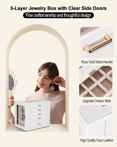 Large Jewelry Box Organizer with Glass Lid, Functional PU Leather 5-Layer Jewelry Storage Case for Women Girls Ring Necklace Earring Bracelet Jewelry Holder Organizer 5 Drawers (White) in Saudi Arabia