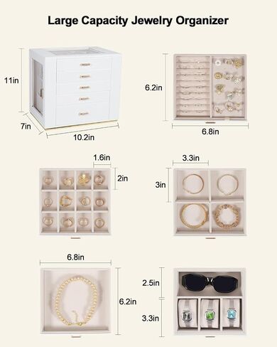 Large Jewelry Box Organizer with Glass Lid, Functional PU Leather 5-Layer Jewelry Storage Case for Women Girls Ring Necklace Earring Bracelet Jewelry Holder Organizer 5 Drawers (White) in Saudi Arabia