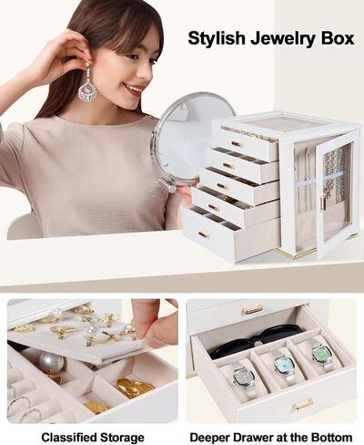 Large Jewelry Box Organizer with Glass Lid, Functional PU Leather 5-Layer Jewelry Storage Case for Women Girls Ring Necklace Earring Bracelet Jewelry Holder Organizer 5 Drawers (White) in Saudi Arabia