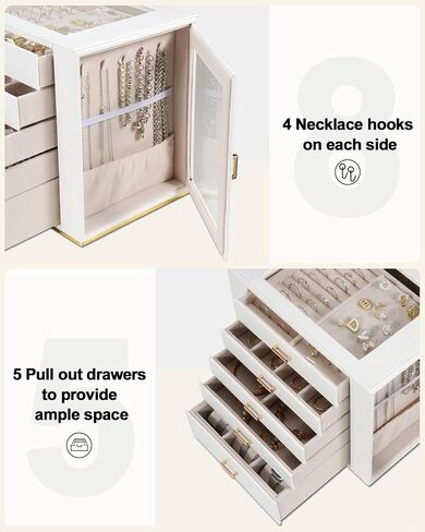 Large Jewelry Box Organizer with Glass Lid, Functional PU Leather 5-Layer Jewelry Storage Case for Women Girls Ring Necklace Earring Bracelet Jewelry Holder Organizer 5 Drawers (White) in Saudi Arabia