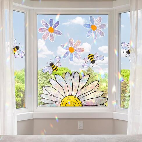 8 PCS Summer Bee عباد الشمس ملصقات نافذة الزهور الزهور Clings Suncatchers ملصقات Sun Casher Daisy Rainbow Prism Window شارات قابلة لإعادة الاستخدام للطيور Glass Bird Strikes Office School Kitchen Business in Saudi Arabia
