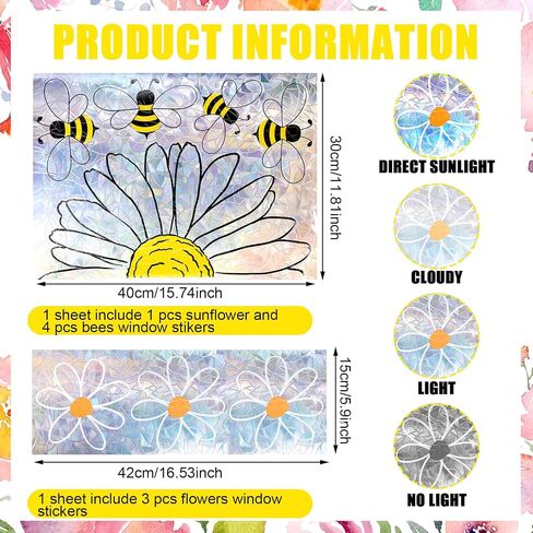8 PCS Summer Bee عباد الشمس ملصقات نافذة الزهور الزهور Clings Suncatchers ملصقات Sun Casher Daisy Rainbow Prism Window شارات قابلة لإعادة الاستخدام للطيور Glass Bird Strikes Office School Kitchen Business in Saudi Arabia