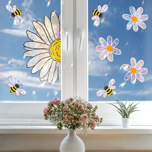 8 PCS Summer Bee عباد الشمس ملصقات نافذة الزهور الزهور Clings Suncatchers ملصقات Sun Casher Daisy Rainbow Prism Window شارات قابلة لإعادة الاستخدام للطيور Glass Bird Strikes Office School Kitchen Business in Saudi Arabia