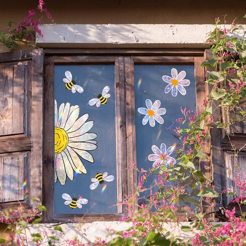 8 PCS Summer Bee عباد الشمس ملصقات نافذة الزهور الزهور Clings Suncatchers ملصقات Sun Casher Daisy Rainbow Prism Window شارات قابلة لإعادة الاستخدام للطيور Glass Bird Strikes Office School Kitchen Business in Saudi Arabia