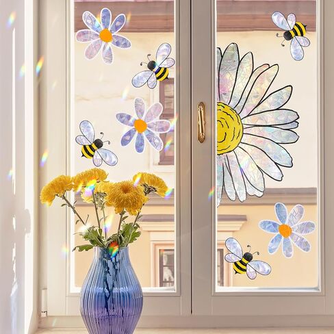 8 PCS Summer Bee عباد الشمس ملصقات نافذة الزهور الزهور Clings Suncatchers ملصقات Sun Casher Daisy Rainbow Prism Window شارات قابلة لإعادة الاستخدام للطيور Glass Bird Strikes Office School Kitchen Business in Saudi Arabia
