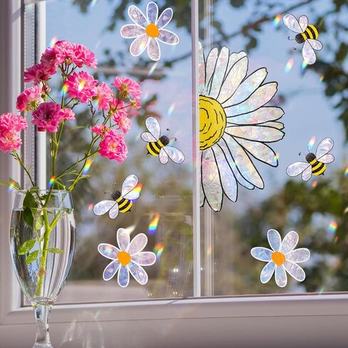 8 PCS Summer Bee عباد الشمس ملصقات نافذة الزهور الزهور Clings Suncatchers ملصقات Sun Casher Daisy Rainbow Prism Window شارات قابلة لإعادة الاستخدام للطيور Glass Bird Strikes Office School Kitchen Business in Saudi Arabia