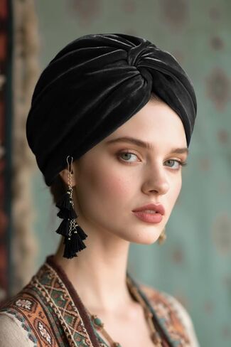 Coucoland Velvet Tassel Turban Wrap - قبعة رأس الجذاب خمر للنساء تويست تويست شعر غطاء الشعر مع هامش قابل للإزالة in Saudi Arabia