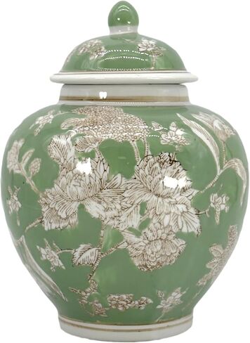 Galt International Green & White Floral Chinoiserie Ginger Jar 10 "مع غطاء - جرة الزنجبيل ، تخزين الشاي ، ديكور ، جرة ديكور المنزل in Kuwait