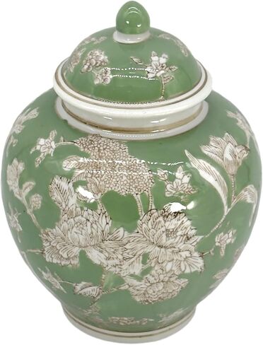 Galt International Green & White Floral Chinoiserie Ginger Jar 10 "مع غطاء - جرة الزنجبيل ، تخزين الشاي ، ديكور ، جرة ديكور المنزل in Kuwait