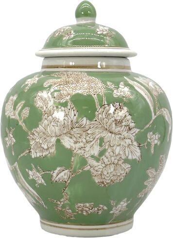 Galt International Green & White Floral Chinoiserie Ginger Jar 10 "مع غطاء - جرة الزنجبيل ، تخزين الشاي ، ديكور ، جرة ديكور المنزل in Kuwait