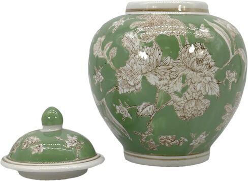 Galt International Green & White Floral Chinoiserie Ginger Jar 10 "مع غطاء - جرة الزنجبيل ، تخزين الشاي ، ديكور ، جرة ديكور المنزل in Kuwait
