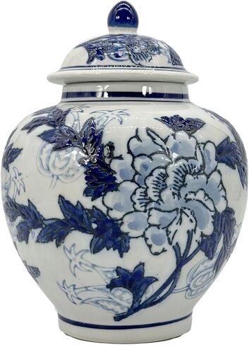 Galt International Green & White Floral Chinoiserie Ginger Jar 10 "مع غطاء - جرة الزنجبيل ، تخزين الشاي ، ديكور ، جرة ديكور المنزل in Kuwait
