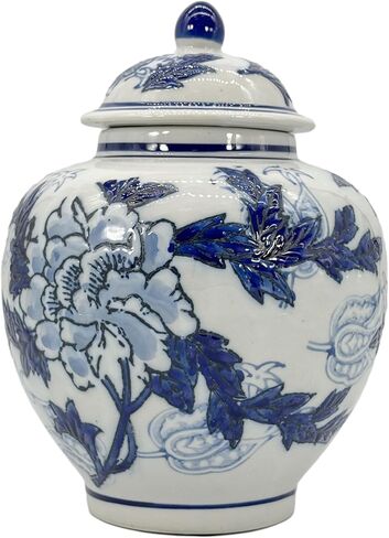 Galt International Green & White Floral Chinoiserie Ginger Jar 10 "مع غطاء - جرة الزنجبيل ، تخزين الشاي ، ديكور ، جرة ديكور المنزل in Kuwait