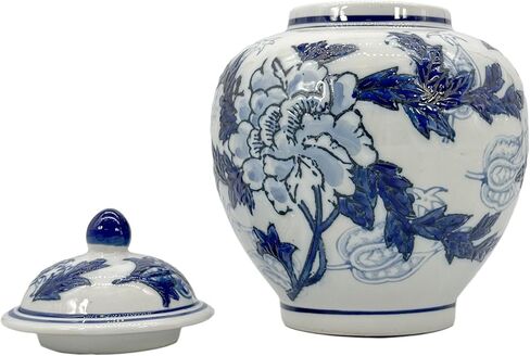Galt International Green & White Floral Chinoiserie Ginger Jar 10 "مع غطاء - جرة الزنجبيل ، تخزين الشاي ، ديكور ، جرة ديكور المنزل in Kuwait