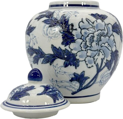 Galt International Green & White Floral Chinoiserie Ginger Jar 10 "مع غطاء - جرة الزنجبيل ، تخزين الشاي ، ديكور ، جرة ديكور المنزل in Kuwait