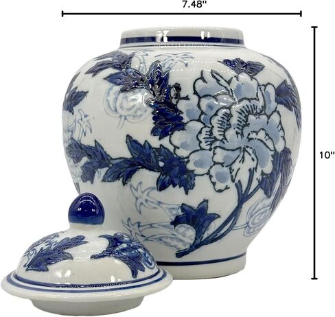 Galt International Green & White Floral Chinoiserie Ginger Jar 10 "مع غطاء - جرة الزنجبيل ، تخزين الشاي ، ديكور ، جرة ديكور المنزل in Kuwait