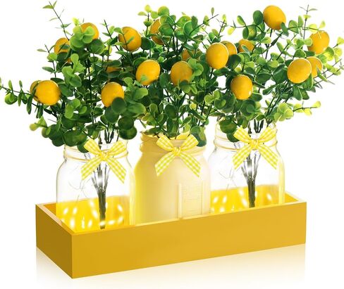 Lemon Centerpiece for Table, Mason Jar Table Centerpiece for Dining Room, Summer Lemon Decor with 3 Jars, 4 Lemons Branche, 3 Bow, Wooden Tray and Light String for Farmhouse Kitchen Office Wedding in Saudi Arabia