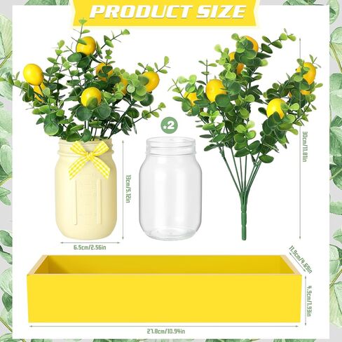 Lemon Centerpiece for Table, Mason Jar Table Centerpiece for Dining Room, Summer Lemon Decor with 3 Jars, 4 Lemons Branche, 3 Bow, Wooden Tray and Light String for Farmhouse Kitchen Office Wedding in Saudi Arabia