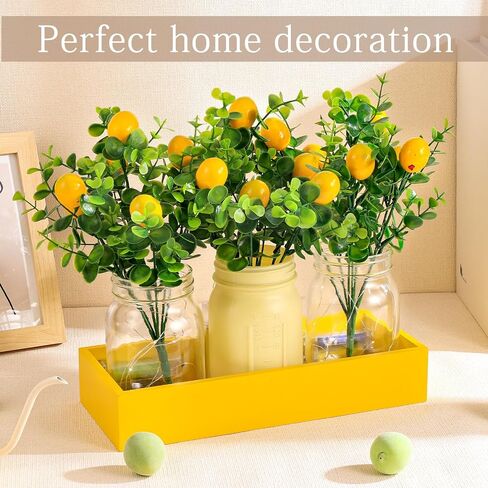 Lemon Centerpiece for Table, Mason Jar Table Centerpiece for Dining Room, Summer Lemon Decor with 3 Jars, 4 Lemons Branche, 3 Bow, Wooden Tray and Light String for Farmhouse Kitchen Office Wedding in Saudi Arabia