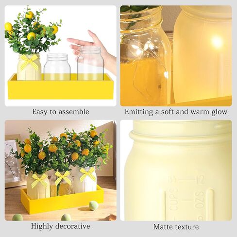 Lemon Centerpiece for Table, Mason Jar Table Centerpiece for Dining Room, Summer Lemon Decor with 3 Jars, 4 Lemons Branche, 3 Bow, Wooden Tray and Light String for Farmhouse Kitchen Office Wedding in Saudi Arabia
