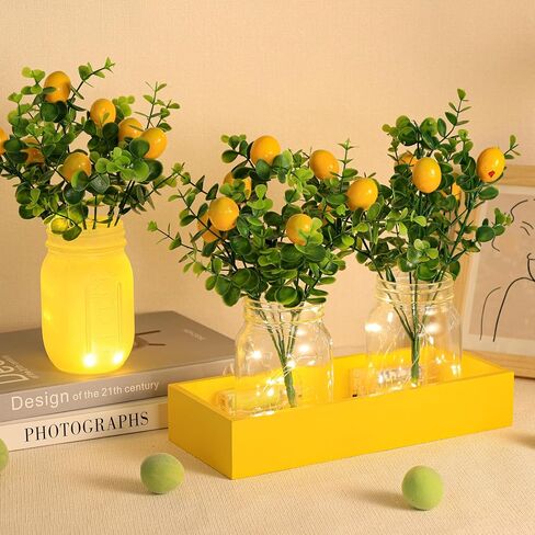 Lemon Centerpiece for Table, Mason Jar Table Centerpiece for Dining Room, Summer Lemon Decor with 3 Jars, 4 Lemons Branche, 3 Bow, Wooden Tray and Light String for Farmhouse Kitchen Office Wedding in Saudi Arabia