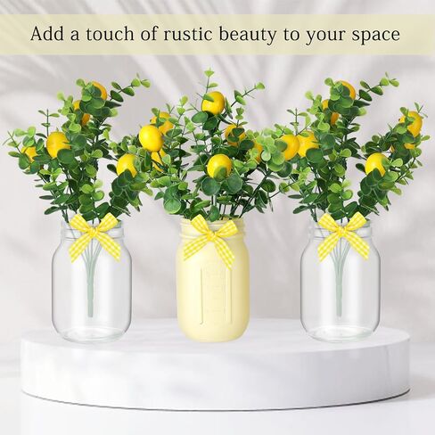 Lemon Centerpiece for Table, Mason Jar Table Centerpiece for Dining Room, Summer Lemon Decor with 3 Jars, 4 Lemons Branche, 3 Bow, Wooden Tray and Light String for Farmhouse Kitchen Office Wedding in Saudi Arabia