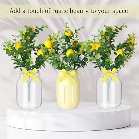 Lemon Centerpiece for Table, Mason Jar Table Centerpiece for Dining Room, Summer Lemon Decor with 3 Jars, 4 Lemons Branche, 3 Bow, Wooden Tray and Light String for Farmhouse Kitchen Office Wedding in Saudi Arabia