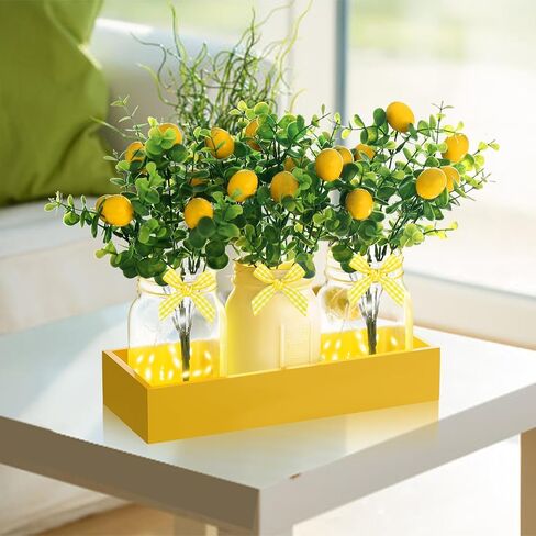 Lemon Centerpiece for Table, Mason Jar Table Centerpiece for Dining Room, Summer Lemon Decor with 3 Jars, 4 Lemons Branche, 3 Bow, Wooden Tray and Light String for Farmhouse Kitchen Office Wedding in Saudi Arabia