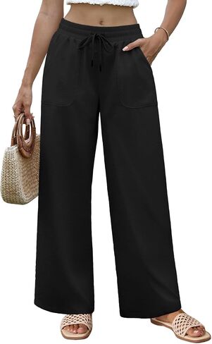 Womens Linen Pants High Waisted Wide Leg Cotton Dress Casual Palazzo Pants with Pockets in Saudi Arabia