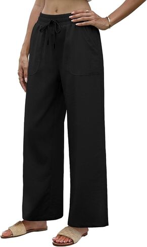 Womens Linen Pants High Waisted Wide Leg Cotton Dress Casual Palazzo Pants with Pockets in Saudi Arabia