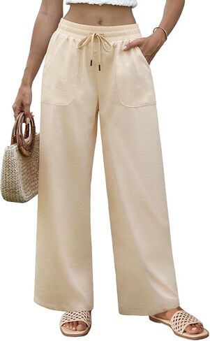 Womens Linen Pants High Waisted Wide Leg Cotton Dress Casual Palazzo Pants with Pockets in Saudi Arabia