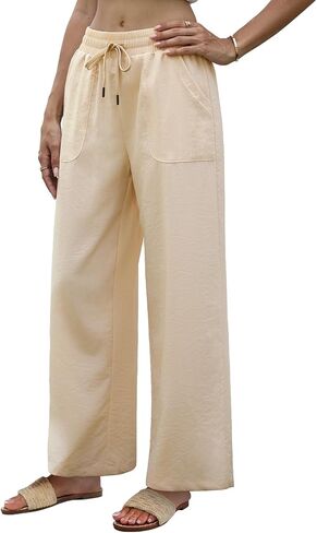 Womens Linen Pants High Waisted Wide Leg Cotton Dress Casual Palazzo Pants with Pockets in Saudi Arabia