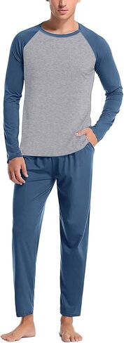 JiXiang Men Pajama Set Sleepwear Pjs Lightweight Long Sleeve Crewneck Shirts and Bottoms Loungewear Soft Comfy Sleep Outfits in Saudi Arabia