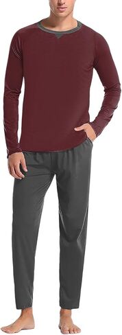 JiXiang Men Pajama Set Sleepwear Pjs Lightweight Long Sleeve Crewneck Shirts and Bottoms Loungewear Soft Comfy Sleep Outfits in Saudi Arabia