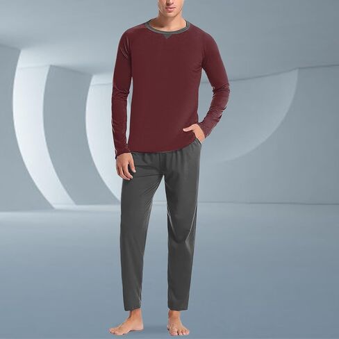 JiXiang Men Pajama Set Sleepwear Pjs Lightweight Long Sleeve Crewneck Shirts and Bottoms Loungewear Soft Comfy Sleep Outfits in Saudi Arabia