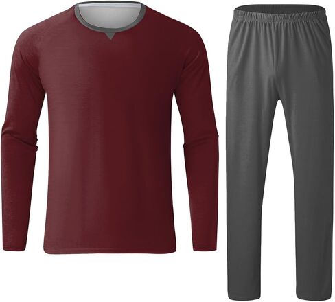 JiXiang Men Pajama Set Sleepwear Pjs Lightweight Long Sleeve Crewneck Shirts and Bottoms Loungewear Soft Comfy Sleep Outfits in Saudi Arabia