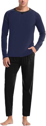 JiXiang Men Pajama Set Sleepwear Pjs Lightweight Long Sleeve Crewneck Shirts and Bottoms Loungewear Soft Comfy Sleep Outfits in Saudi Arabia