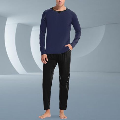 JiXiang Men Pajama Set Sleepwear Pjs Lightweight Long Sleeve Crewneck Shirts and Bottoms Loungewear Soft Comfy Sleep Outfits in Saudi Arabia