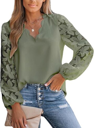 CUPSHE Women Lace Elegant Blouse Long Sleeve Eyelet V Neck Dressy Party Floral Tops Scalloped V Neck in Saudi Arabia