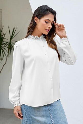 Neweek Button Down Shirts for Women Long Sleeve Shirts Lace Neck Tops Formal Collared Blouses Loose Work Office Top Trendy in Saudi Arabia