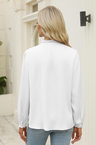 Neweek Button Down Shirts for Women Long Sleeve Shirts Lace Neck Tops Formal Collared Blouses Loose Work Office Top Trendy in Saudi Arabia