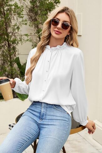 Neweek Button Down Shirts for Women Long Sleeve Shirts Lace Neck Tops Formal Collared Blouses Loose Work Office Top Trendy in Saudi Arabia
